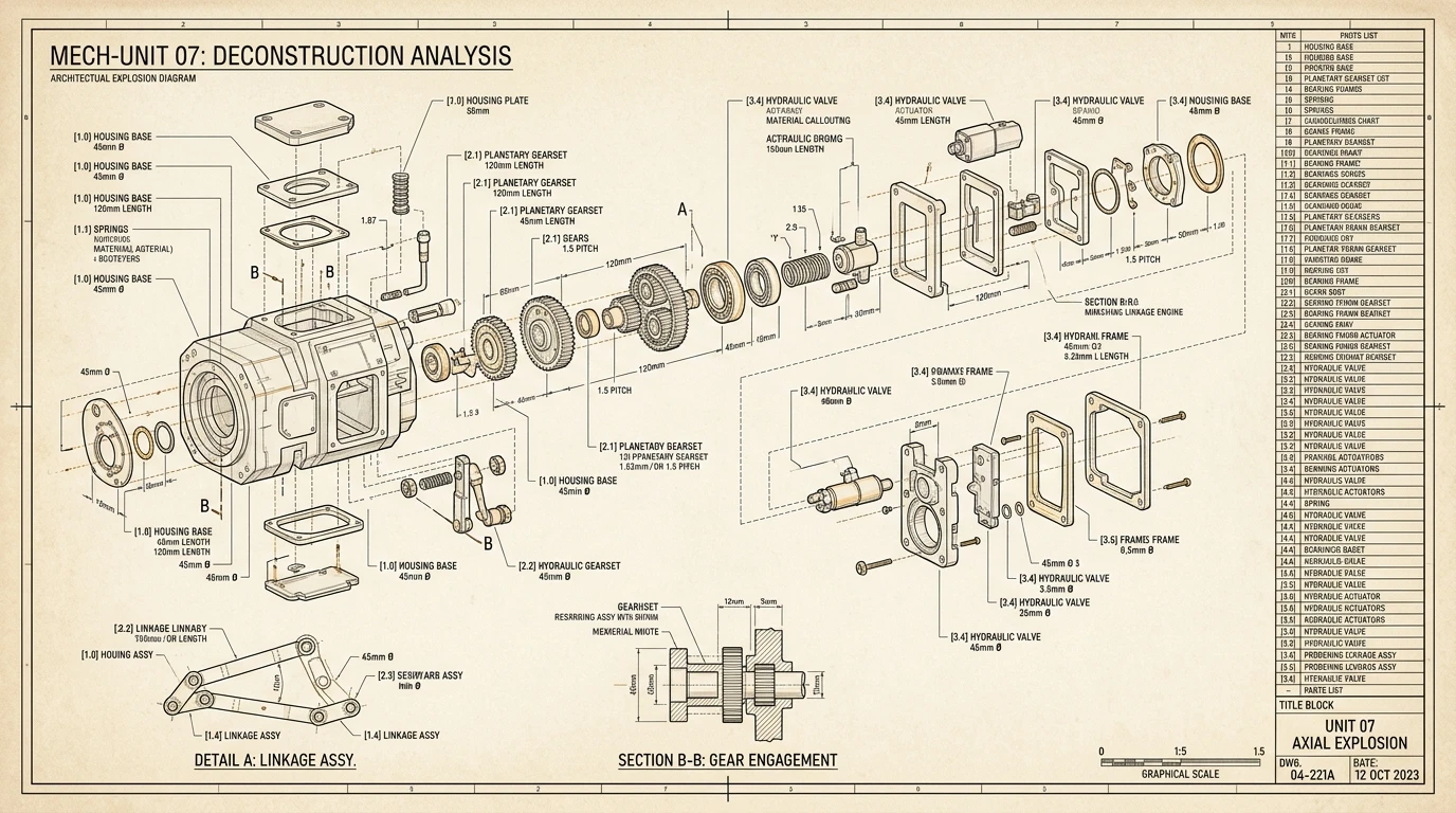Architectural explosion diagram showing the deconstructed components of a mechanism, illustrating propositional reduction