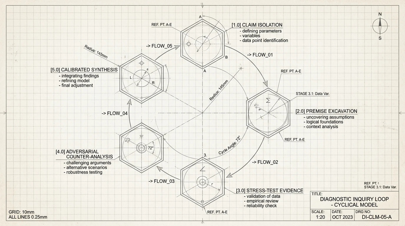 Schematic drafting blueprint of the cyclical five-stage diagnostic loop