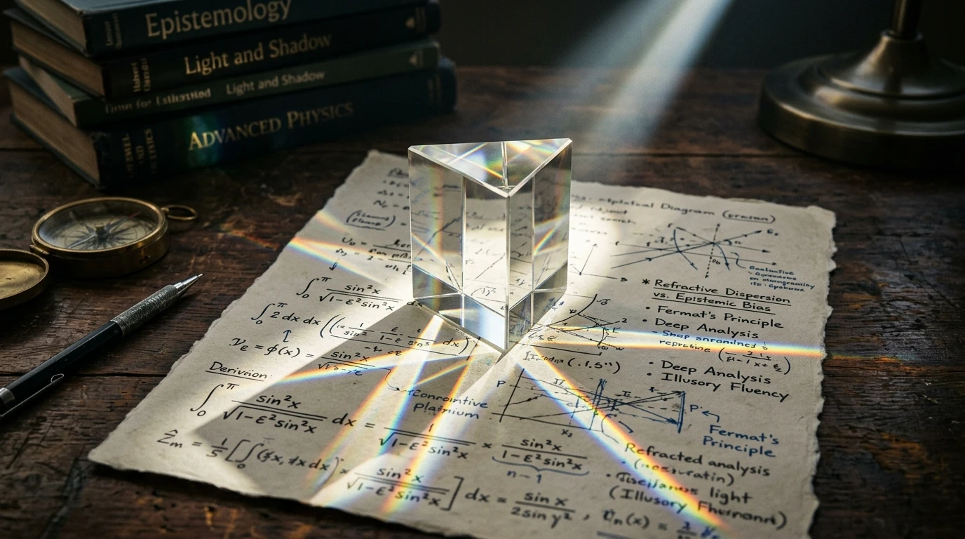 Prism splitting a beam of light into mathematical spectra on a desk with books on Epistemology and Physics, illustrating deep inquiry versus superficial fluency