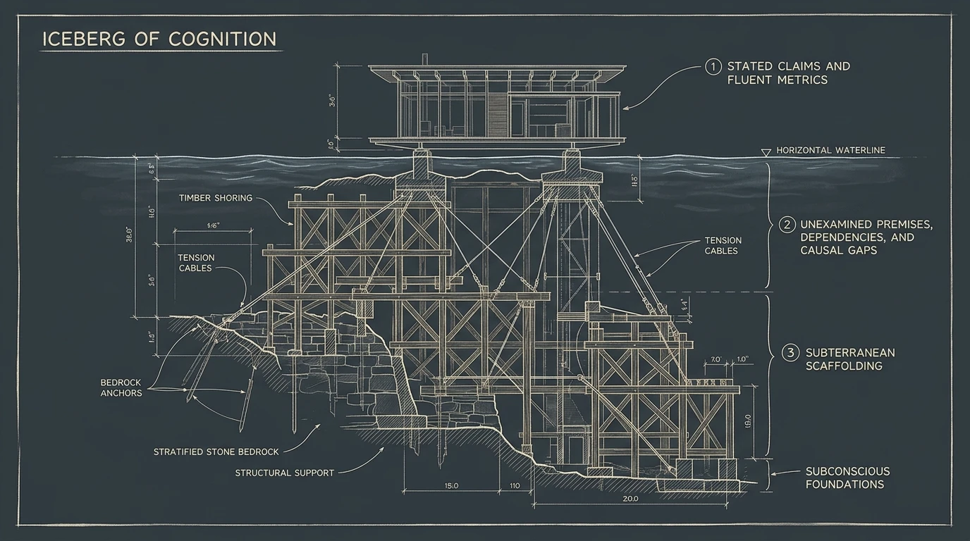 Architectural cross-section showing visible claims above the waterline supported by a massive underwater structure of unexamined premises