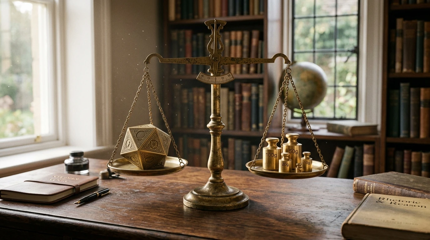 Antique brass balance scale in equilibrium with a geometric polyhedron on one side and calibrated weights on the other, representing adversarial steel-manning