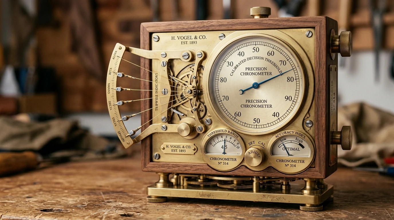 Calibrated brass chronometer instrument with indicator dials and mechanical tripwires, representing decision thresholds